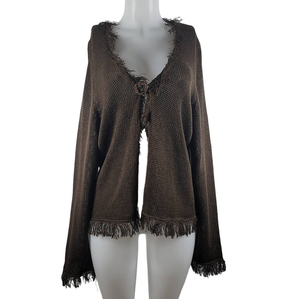 Chico's Brown Fringed Linen Blend Open Knit 1 Button Closure Jacket 3- L- 16